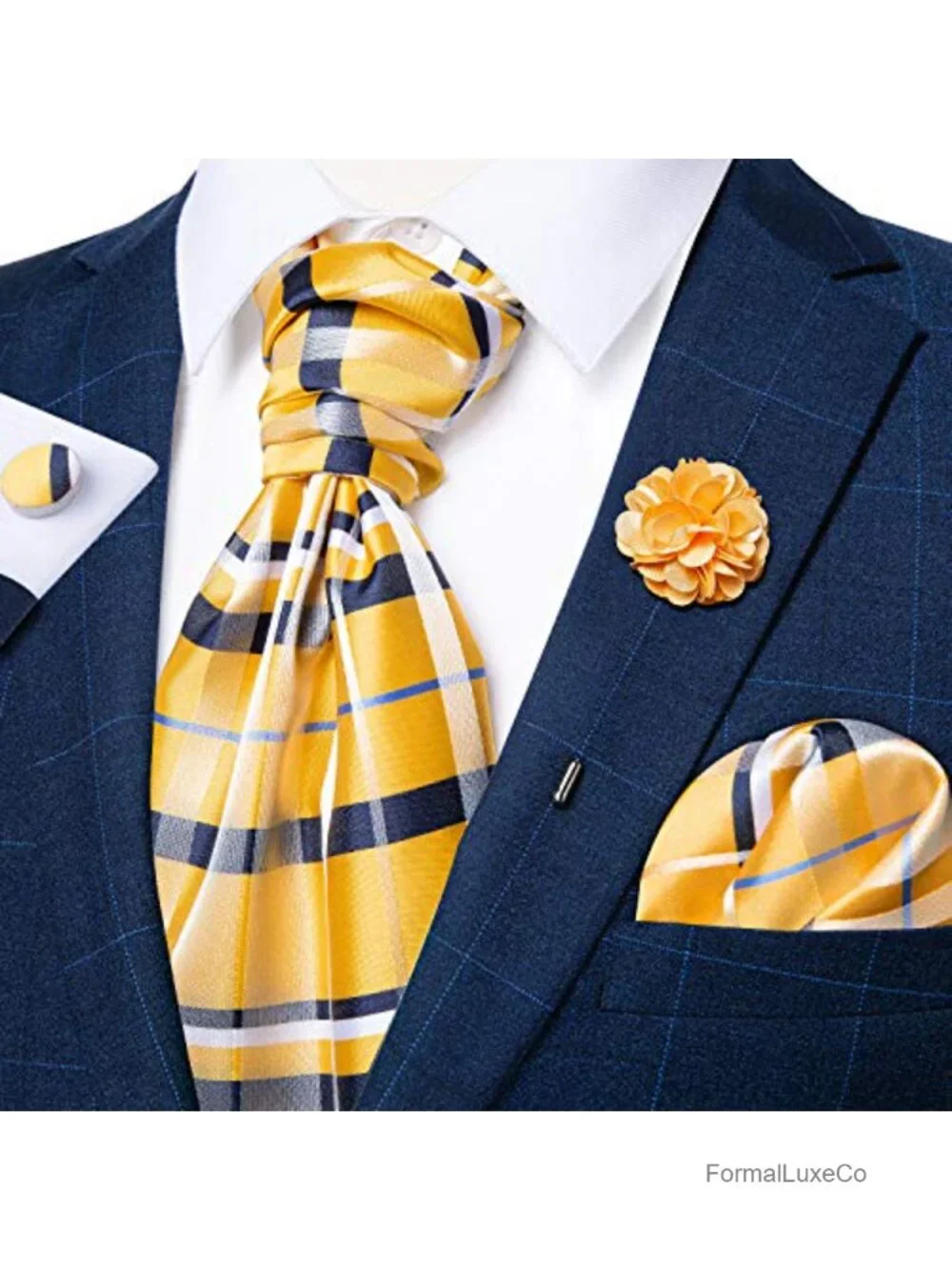 Silk Jacquard Woven Ascot Tie Set with Pocket Square Cufflinks Lapel Pin for